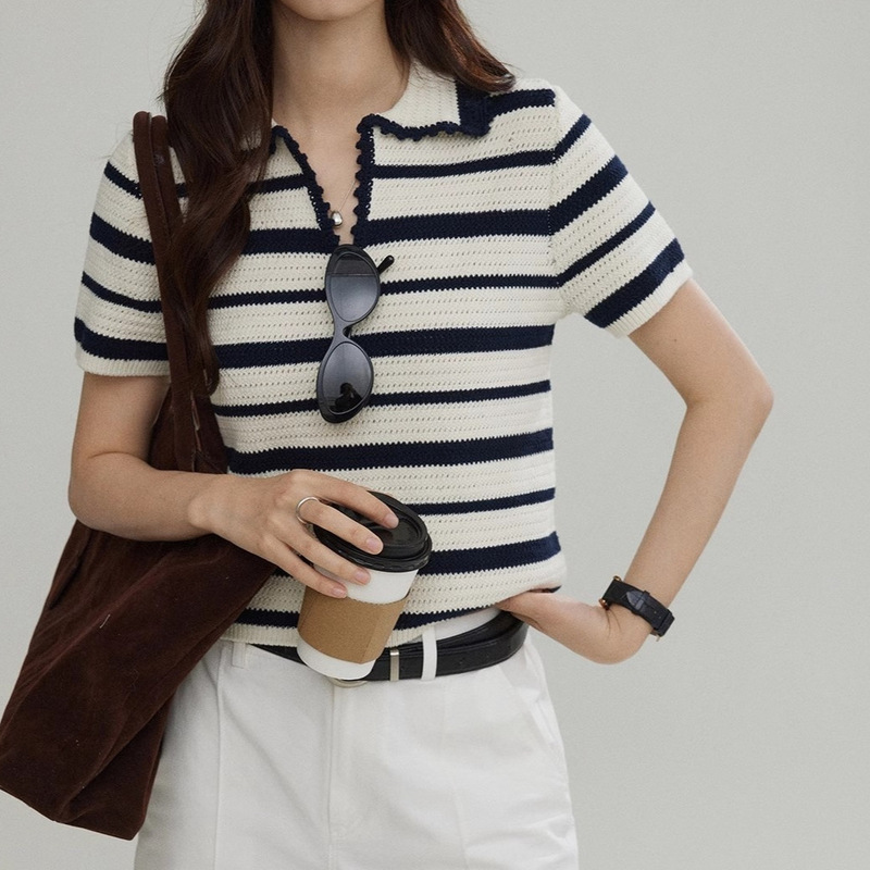 Contrast Color Striped Knitted Short-Sleeved T-Shirt for Women 2026 Summer Polo Collar Casual Work Clothing Versatile Top