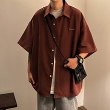 纯色文艺衬衫五分袖潮夏季时尚ins男标准青春流行方领原宿新款潮