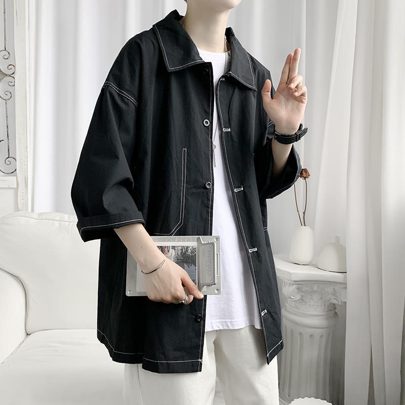 Ropa de trabajo simple camisa de manga corta verano de los hombres de moda ins estilo Hong Kong estilo japonés camisa suelta 3/4 camisa de manga delgada capa