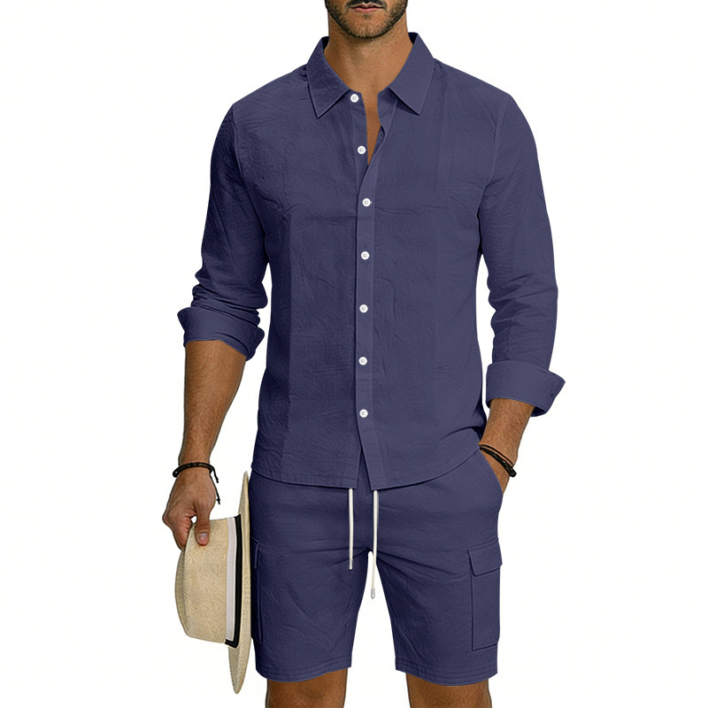 Summer Men's Linen Long Sleeved Shirt Casual Loose Fit Style With Multi Pockets Cargo Shorts Set_viptrois.com