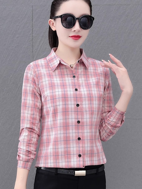 妈妈纯棉衬衫中老年秋装长袖格子衬衣女中年薄款全棉女装打底上衣|undefined
