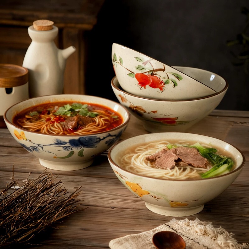Chinese-Style Retro Ceramic Noodle Bowl, Large-Capacity Ramen Bowl for Home Use, Creative Soup Bowl, Instant Noodle Bowl, Conical Bowl, Tableware Set Chinese-Style Retro Ceramic Noodle Bowl, Large-Capacity Ramen Bowl for Home Use, Creative Soup Bowl, Instant Noodle Bowl, Conical Bowl, Tableware Set