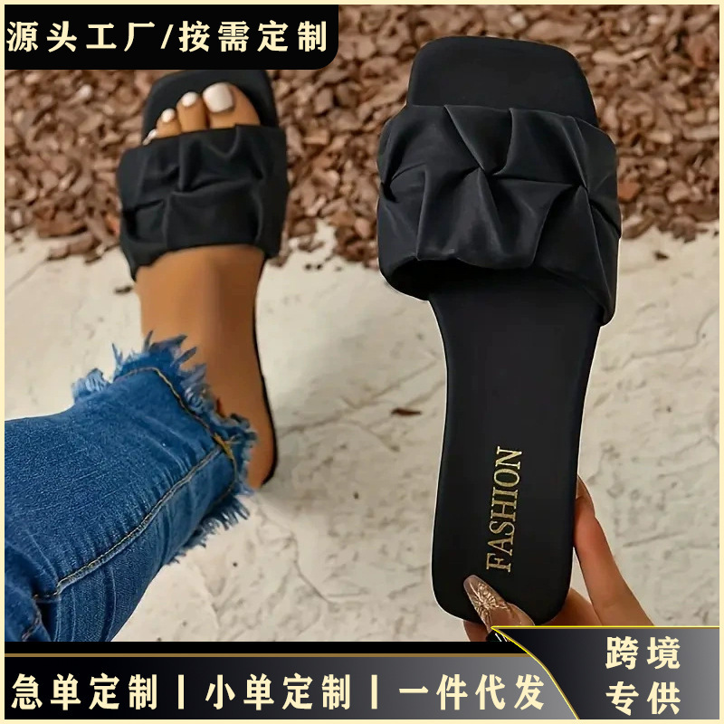 Women's Summer New Fashion European and American Style Pleated Open-Toe Low-Heeled Slippers for Foreign Trade Large Size Cross-Border Sales Women's Summer New Fashion European and American Style Pleated Open-Toe Low-Heeled Slippers for Foreign Trade Large Size Cross-Border Sales