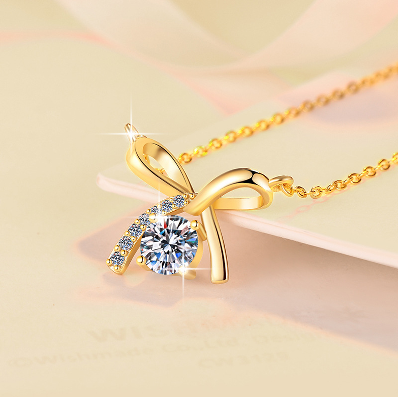 Bow Necklace Genuine 925 Sterling Silver Jewelry Plated 18K Moissanite Pendant Cross-Border Direct Supply Moissanite Necklace for Women