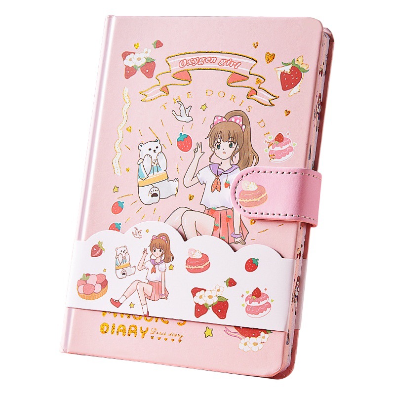 Libro de contabilidad de mano de dibujos animados, página en color, libro de hebilla magnética, libro de contabilidad de mano de corazón de niña linda, cuaderno de estudiante, cuaderno de diario