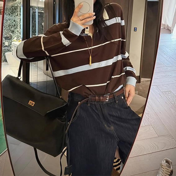 韩系撞色条纹polo领翻领单穿独特绝美长袖针织衫舒适百搭上衣女|undefined