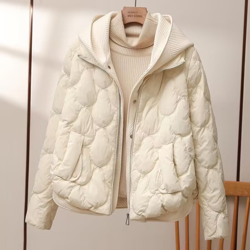 European Fake Two-piece Knitted Hooded Down Cotton Coat Women's Winter New Short Loose Thickened Bread Coat Coat