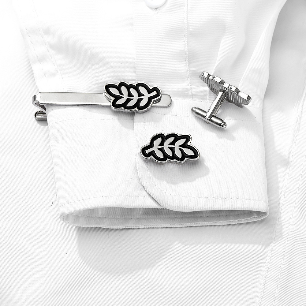 simple leaf cufflinks men's business French shirt cuff nails tie clip set gift box ready to buy_voghion.com