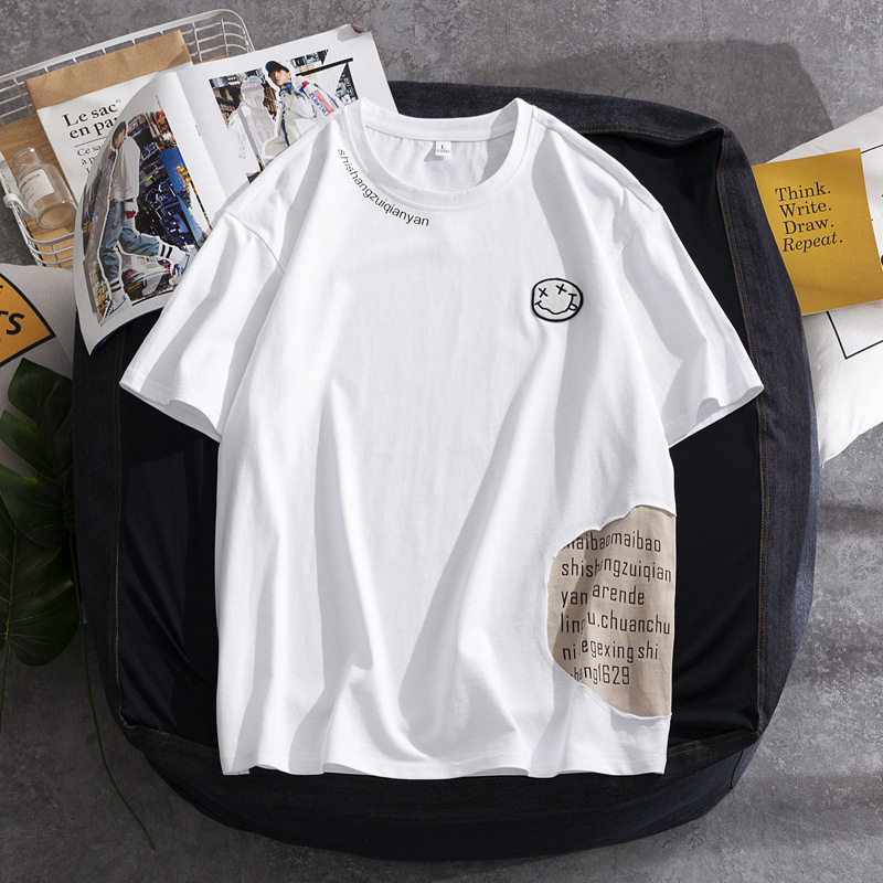Camiseta curta de verão 2023, nova edição coreana, versátil, gola redonda, algodão puro, manga curta, rosto sorridente, marca da moda_voghion.com