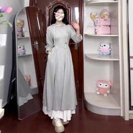 小个子灰色连帽长袖连衣裙女装春季2026新款韩系穿搭超火卫衣长裙
