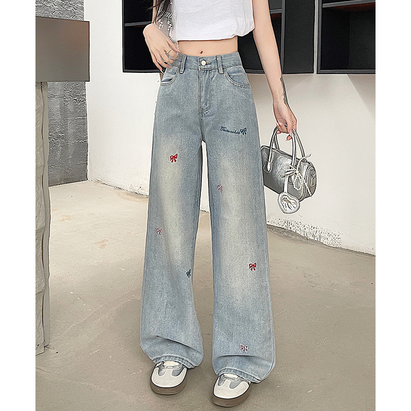 美式高街牛仔裤女蓝色刺绣休闲百搭高腰显瘦宽松直筒阔腿拖地裤子|undefined