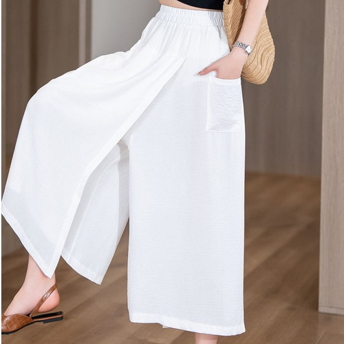 Summer thin and loose high-waisted split lazy style casual wide-leg pants for thick thighs and thigh slimming women's 8-length wide-leg pants