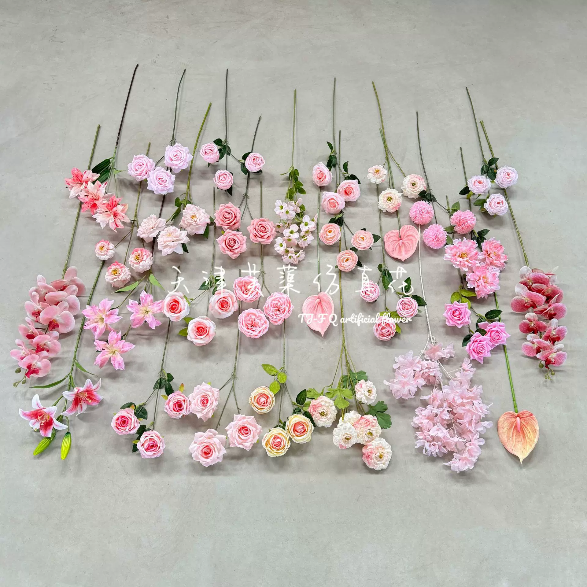 粉色系仿真花场景布置婚庆用花玫瑰蝴蝶兰百合假花粉色仿真花批发