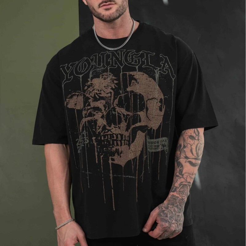 YOUNGLA Men's Oversized T-Shirt Cotton Round Neck Loose Short Sleeve Gym Sports Fitness T-Shirt 240 Fabric YOUNGLA Men's Oversized T-Shirt Cotton Round Neck Loose Short Sleeve Gym Sports Fitness T-Shirt 240 Fabric