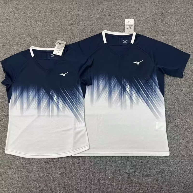 New Mizuno Badminton Clothing for Men and Women, Short-Sleeved Quick-Drying Breathable Tennis Shirt, French Blue, Versatile and Fashionable