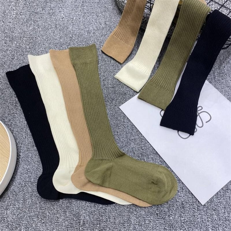 Women's Summer Thin Solid Color Seamless Japanese Style Slouch Socks, Calf Socks, Double Needle Trendy Slimming Sweat-Absorbing Breathable Cotton Socks