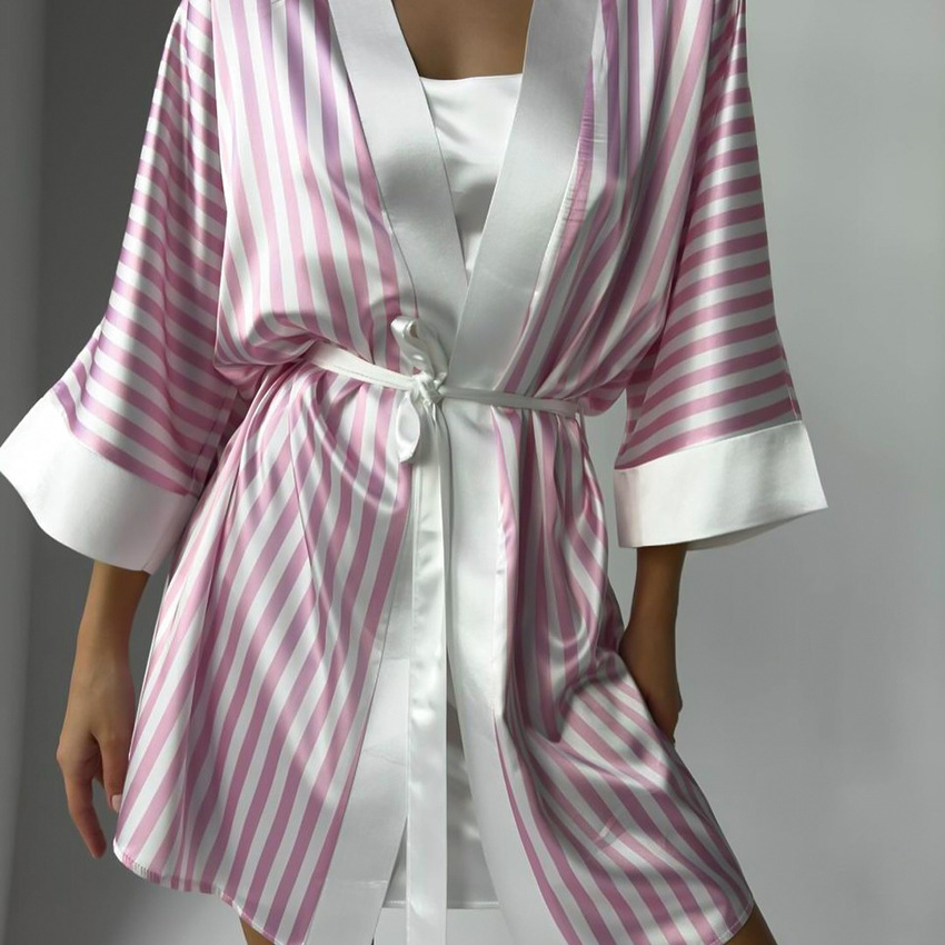2024 Spring European and American New Silk-like Pink Striped Camisole Nightgown with 7/8 Sleeve Robe Set for Women