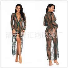 欧美性感情趣内衣睡裙女士蕾丝开衫长款睡袍透视睡衣含内裤