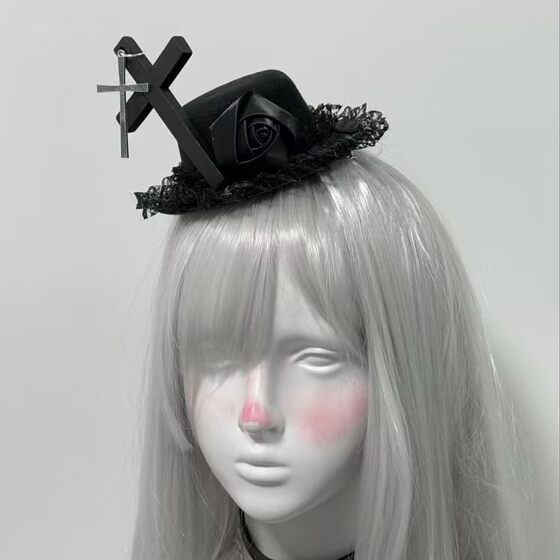 Original Handmade Dark Gothic Cross Rose Lace Subculture Hair Accessories Hairpin Headdress Y2K Small Topper