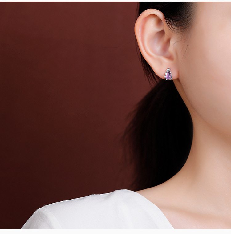 Bông tai nữ bạc S925 đính đá thạch anh tím tự nhiên hình quả bầu lá — Mẫu bạc chi tiết 6