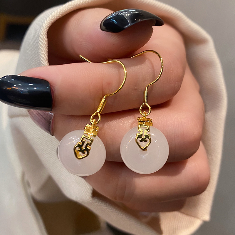 retro geometric round white chalcedony earrings