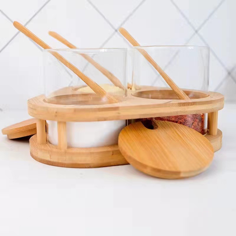 Vidrio borosilicato condimento caja combinación traje con tapa cuchara hogar cocina condimento tarro condimento caja cocina tarro