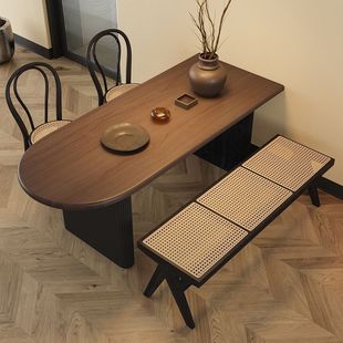 French-Style Retro Ash Walnut Solid Wood Dining Table and Chair Set, Semi-Circular Arc Integrated for Small Households Against the Wall