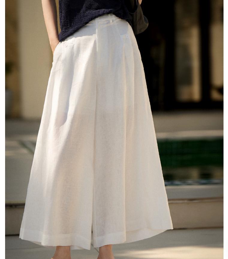 Quần culottes nữ ống rộng chất liệu linen mát mẻ mùa hè — Xanh lông mòng đen, màu trắng, màu mơ chi tiết 5