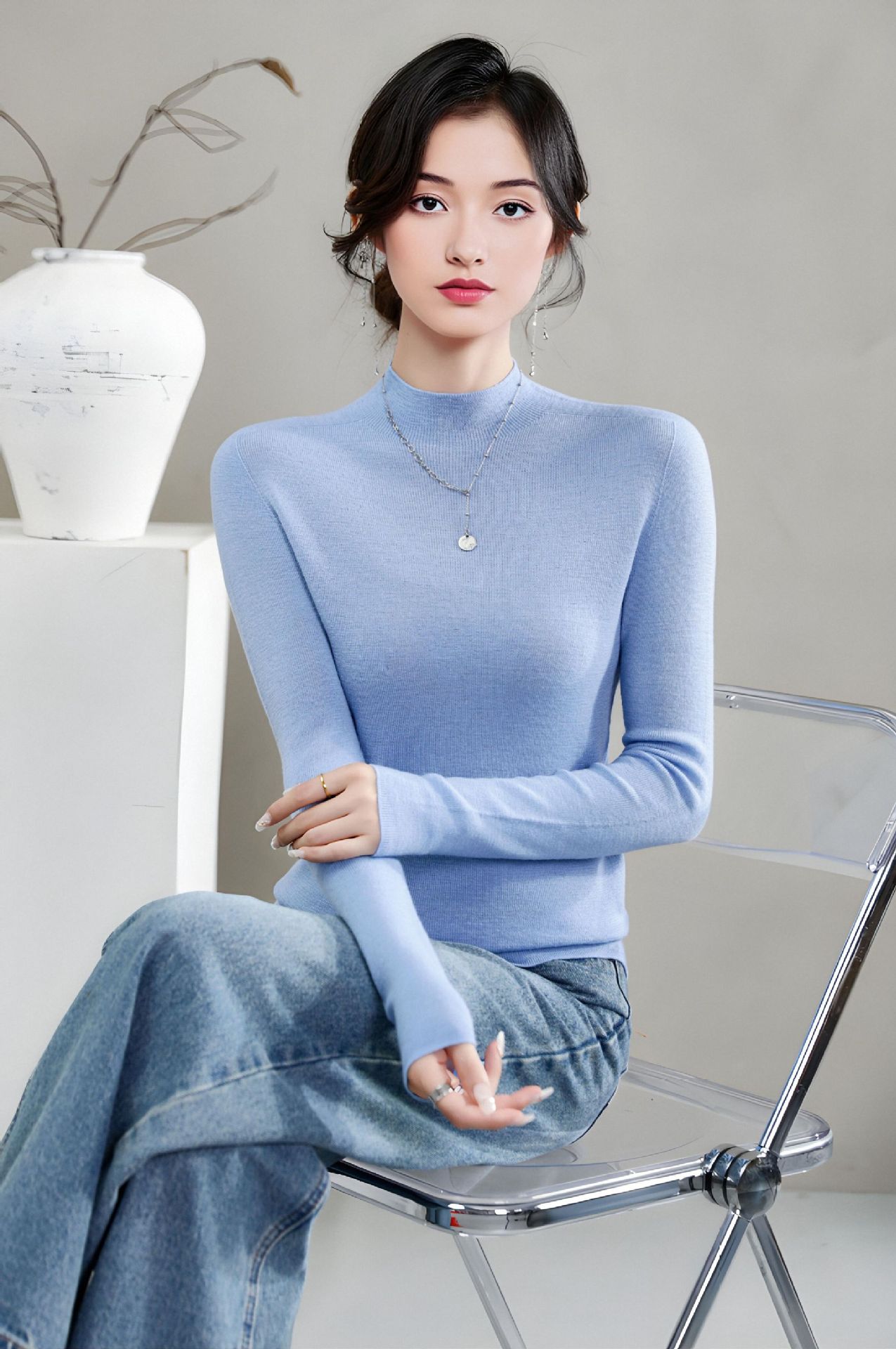 揚子糸ワンピース成形シームレスウールセーター女性のセータースリムハーフタートルネック 100% ウールニットボトリングシャツ