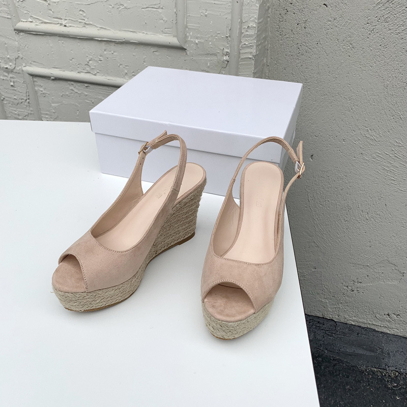 Women's Summer Fairy Style One-Strap Wedge Straw Woven Thick-Soled Waterproof Platform Simple Peep-Toe High Heel Roman_voghion.com