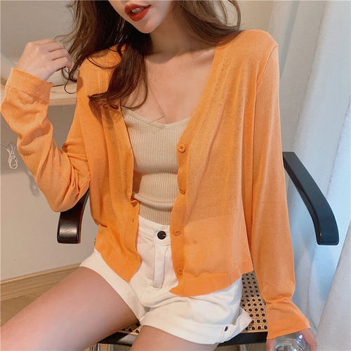 Solid color v-neck ice silk sunscreen cardigan for women 2023 summer Korean style loose air-conditioned shirt with casual jacket top