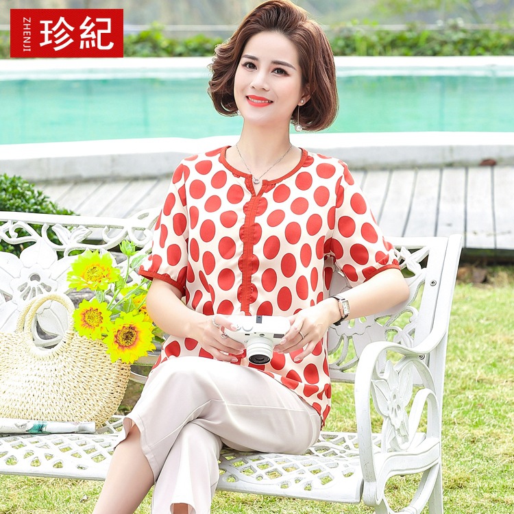 妈妈装印花T恤圆点上衣短袖女装40-55岁母亲婆婆礼
