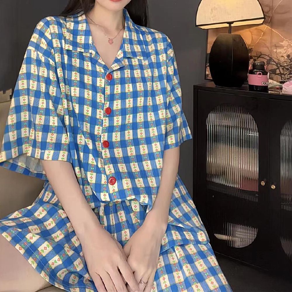 Nube de algodón nuevo pijama de mujer verano simple estricto impresión de corazón de桃ar se puede usar pantalones cortos de manga corta conjunto de ropa para el hogar