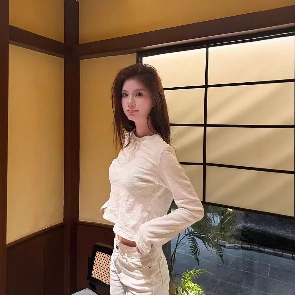 White Short Round-Neck Long-Sleeve T-Shirt for Women, Early Spring New Style, Basic Top, Casual Loose Versatile Top