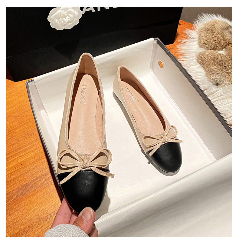 Giày búp bê nữ mũi tròn da cừu phối nơ, đế bệt gót thấp 1–3 cm — Mây Xám, Trắng sữa, Đen Mơ chi tiết 25
