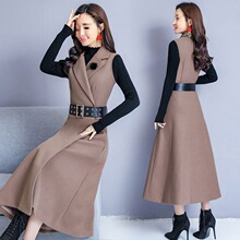 秋冬毛呢两件套连衣裙女中长款针织马甲套装裙显瘦字