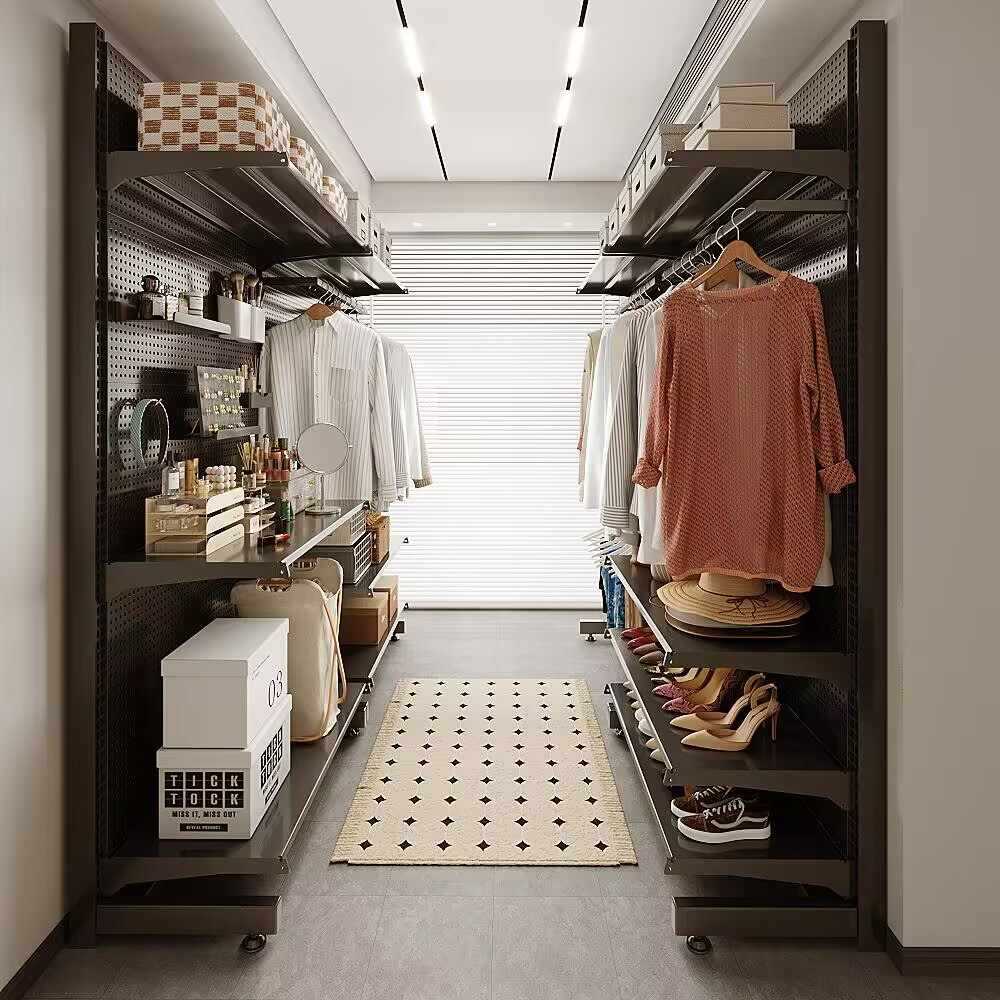 Perchas de estilo antiguo en el área de ropa de entrada, agujeros de metal, perchas, armarios integrados, guardarropa abierto