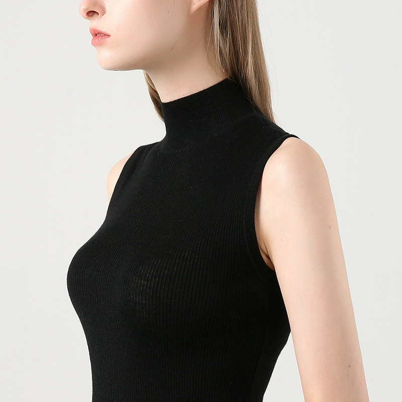 Black Sleeveless Autumn and Winter Vest Bottoming Shirt for Women Thin Stand-Up Collar Cut Sleeves Half Turtleneck Knitted Top Tight Short Spring