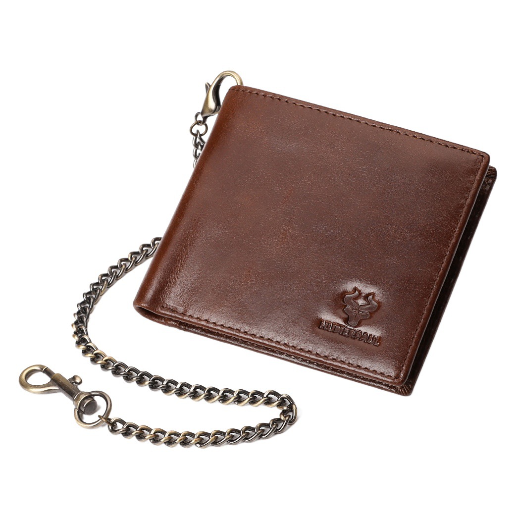 Hummer Paul Foreign Trade High-end Gift Top-layer Cowhide Card Bag Metal Chain Simple Short Leather Men's Wallet