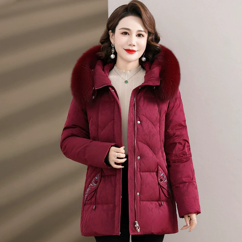 Velvet mid-length down jacket for mother, duck down filling, western style, warm
