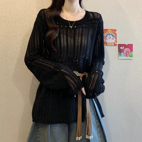 设计感钩花镂空针织衫女早秋新款大码胖mm收腰显瘦中长款罩衫上衣|undefined