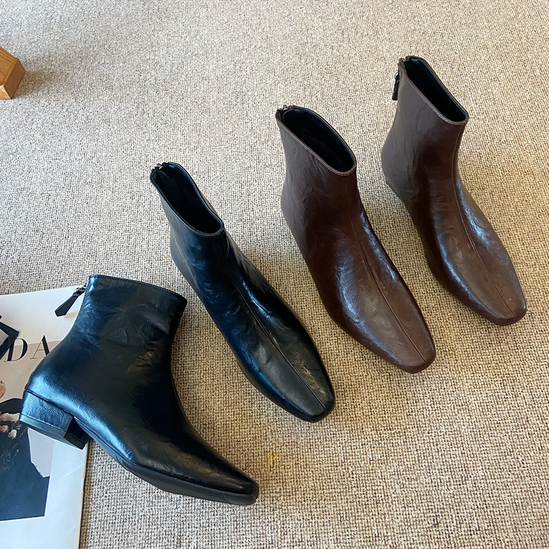 888-8法式2025新款秋冬季复古风时装靴后拉链加绒显瘦粗跟短靴女