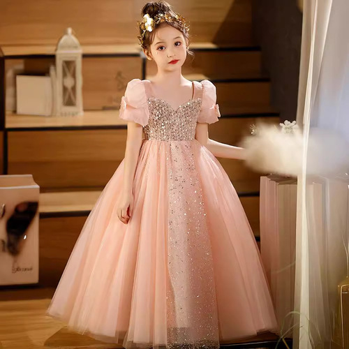 女童礼服春夏儿童轻奢公主裙粉色女孩主持人钢琴演出服生日晚礼服