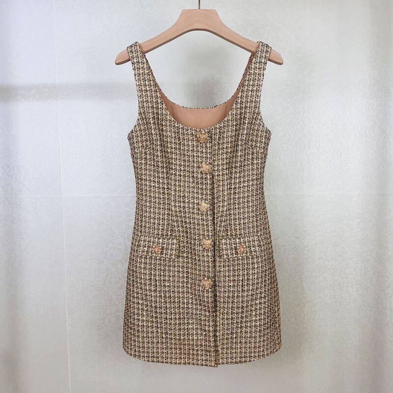 Early Autumn New Arrival Light Luxury Socialite Chanel Style Tweed Single Rowed Diamond Buckle Strap Waisted Skirt Slimming dress