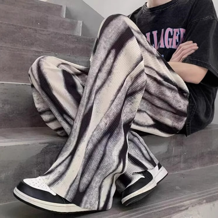 Blue and White Tie-Dye Wide-Leg Pants European and American High Street Vibe High-End Straight Pants Men's Bf American Retro Street Pants