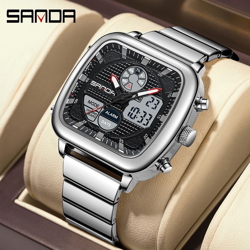 SANDA SANDA 9101 reloj de despertador impermeable para hombres reloj de pulsera clásico de acero cuadrado multifuncional luz nocturna reloj electrónico para hombres