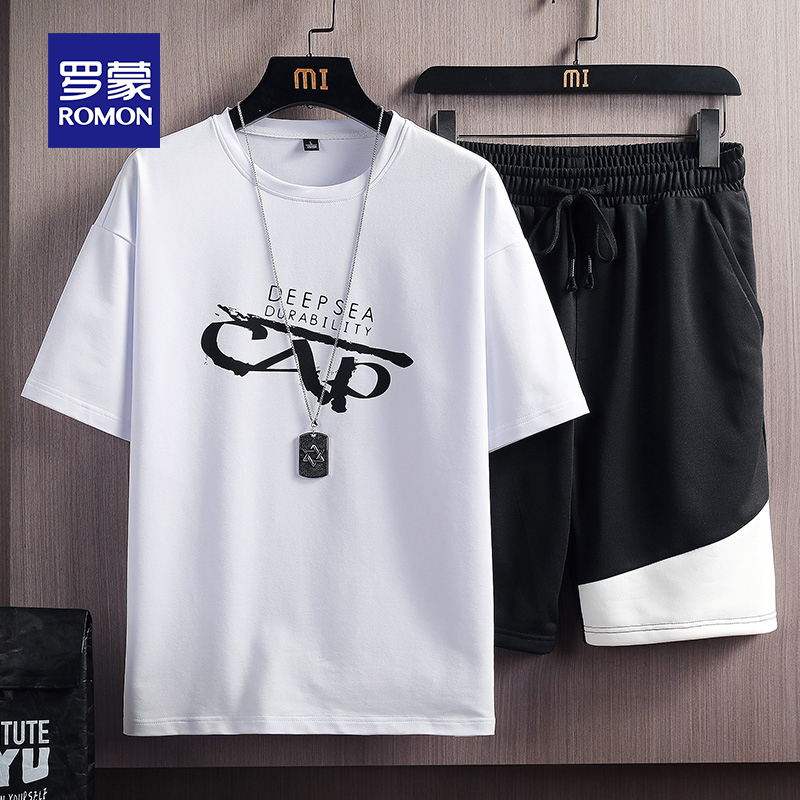 羅蒙カジュアルスーツメンズ夏薄いアイスシルク半袖Tシャツショートパンツスポーツトレンドハンサムマッチングセット|undefined