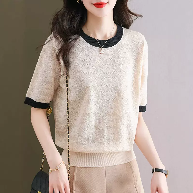 2025夏季新款撞色薄款短袖针织衫休闲宽松百搭气质小个子上衣女潮