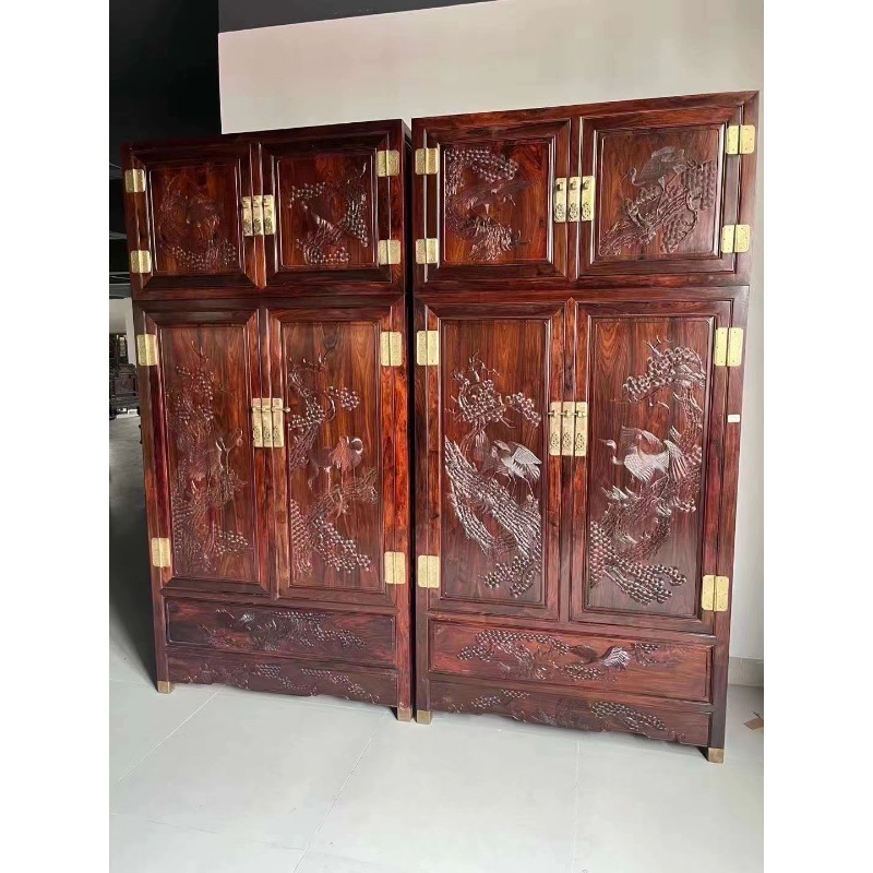 Laos Red Rosewood, Cochin Rosewood, Silk Feather Sandalwood Carving, Pine Crane, Longevity Top Box Cabinet, Wardrobe, Bedroom Storage Cabinet