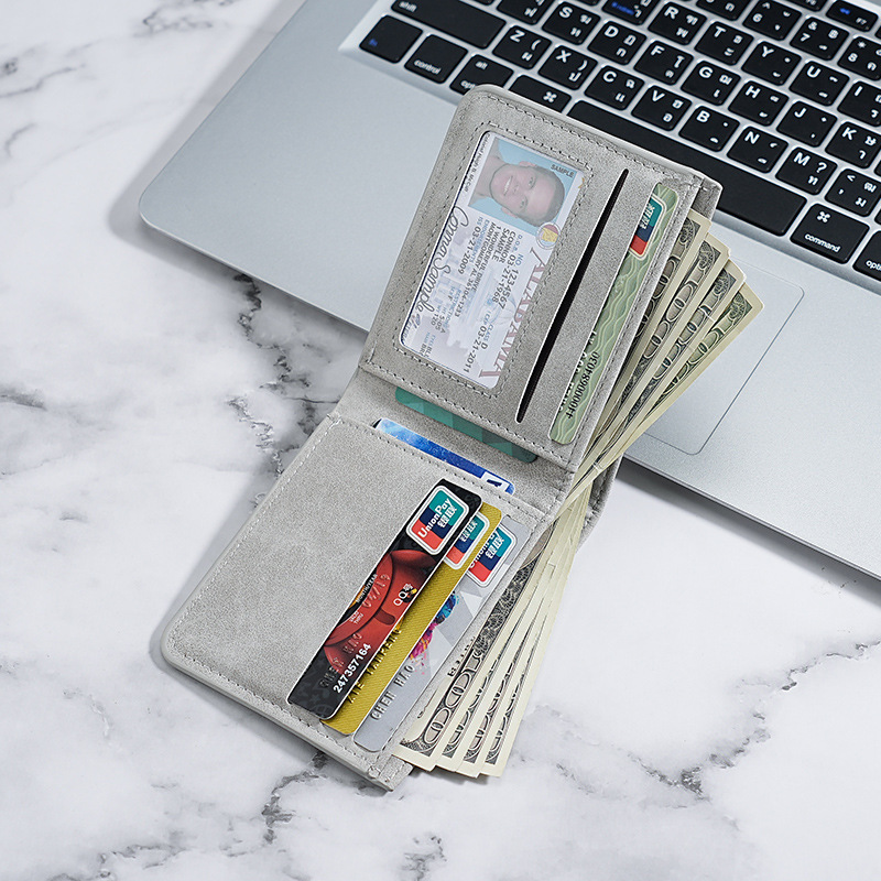 Cartera de hombre simple esmeriado de piel suave cartera corta ultra delgada multi-tarjeta de marca de moda de peluche plegable ultra delgada